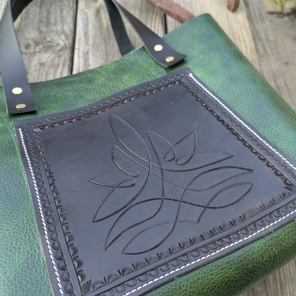 Handmade Green Leather Tote with Black Embossed Front Panel